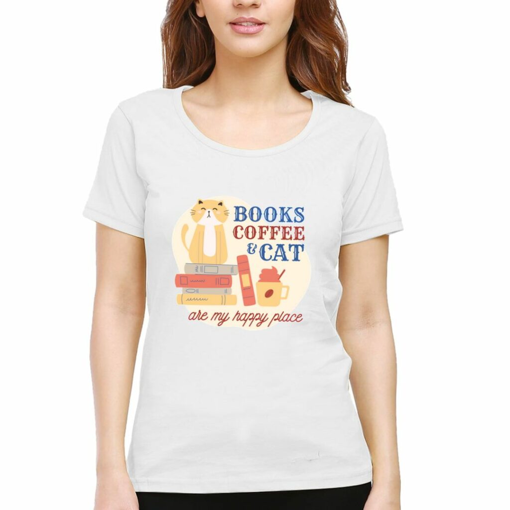 best cat lover tShirts for women available online in india books coffee and cat are my happy places swag swami article